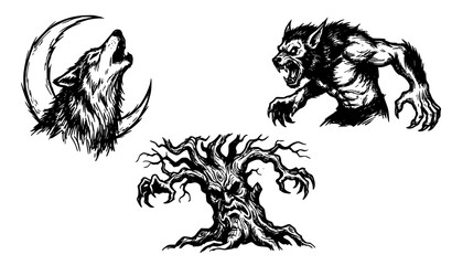 Obraz premium Black and White Hand Drawn Werewolf Wolf and Haunted Tree Vector Collection