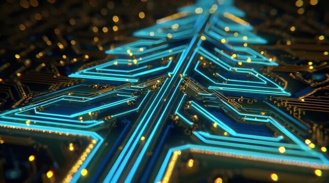 High tech cyan neon Christmas tree circuit pathways glowing with linear traces and golden nodes on dark PCB motherboard background (AI Generated)