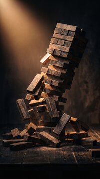 Wooden Jenga tower collapsing with scattered blocks in dim light  