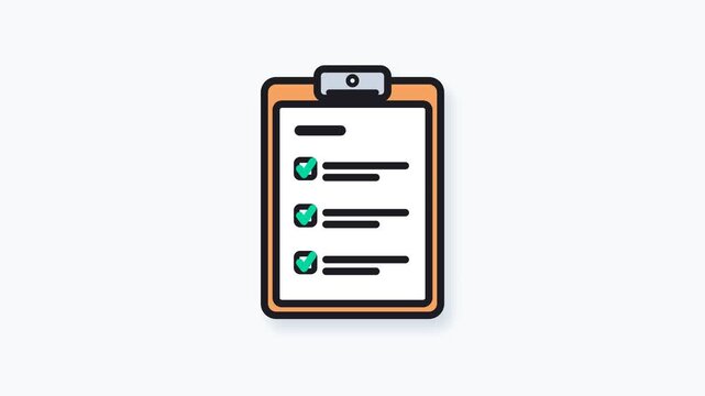 High-quality flat vector animation featuring a corporate clipboard and a checklist. Represents concepts of task completion, workflow efficiency, daily scheduling, and business strategy execution. Buil