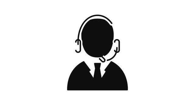 High-quality seamless loop flat vector animation of a customer service agent icon in a 16:9 4K aspect ratio. Features a meticulously corrected rounded head shape, classic sharp suit lapels, and a perf