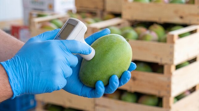 Gloved Hand Pressing a Handheld Probe Against a Green Mango Showing Non Destructive Fruit Testing