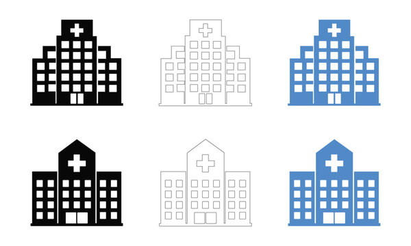 Collection of hospital building in black outline and blue variations