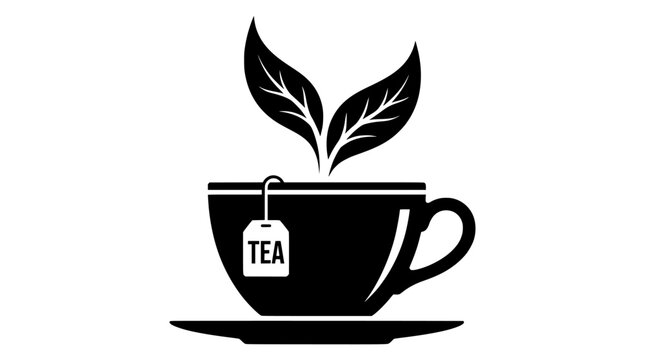 Minimalist black tea cup silhouette vector icon, teacup with tea leaves logo emblem, hot beverage vector graphic for cafe branding