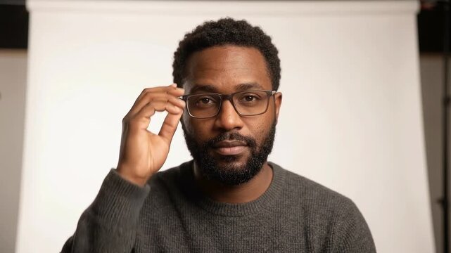 Man adjusting glasses with different expressions