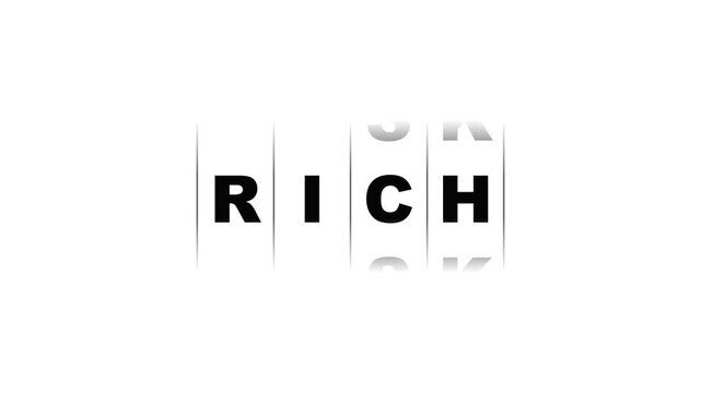 High-quality 4K motion graphic featuring a sleek, massive minimalist typography slot machine concept. The animation rolls seamlessly from the word 'RISK' to 'RICH', accompanied by a dynamic color shif