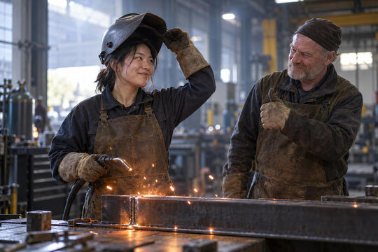 Asian female welder lifting helmet while senior mentor gives thumbs up approval in steel workshop, proud apprentice