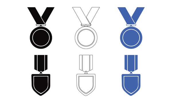 Medal with ribbon and shield in black outline and blue