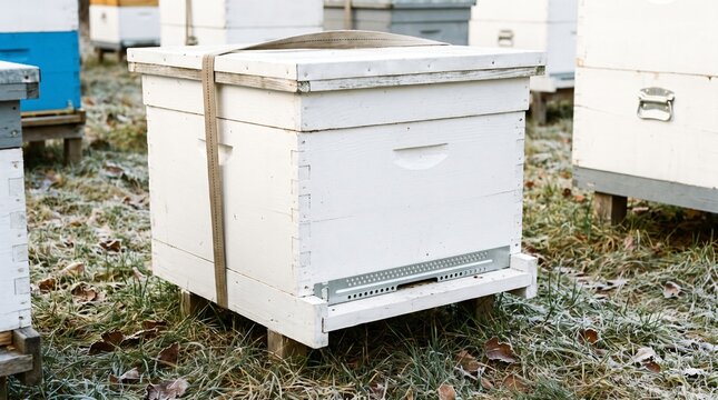 White Beehive With a Metal Mouse Guard Fitted Showing Winter Apiary Preparation