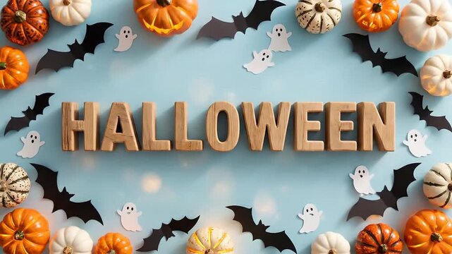 Wooden Halloween text with pumpkins and bats on blue background