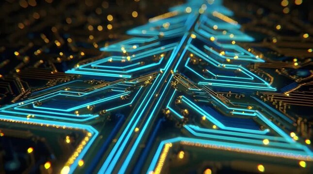 Perspective cyan neon Christmas tree circuit pathways glowing with linear traces and golden circuit nodes on dark PCB motherboard background (AI Generated)
