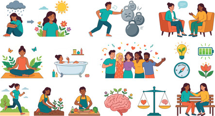Fototapeta premium Mental Health and Self Care Vector Illustration Set with Therapy, Meditation, Healthy Habits, Emotional Regulation, and Well Being Icons for Web and Print