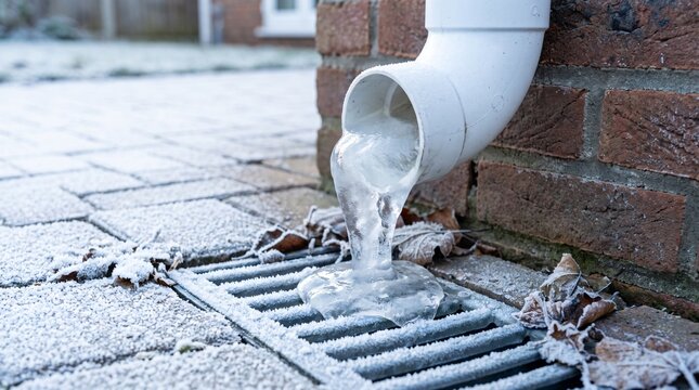 Boiler Condensate Pipe Frozen Above a Frosted Drain Gully Showing a Winter Breakdown