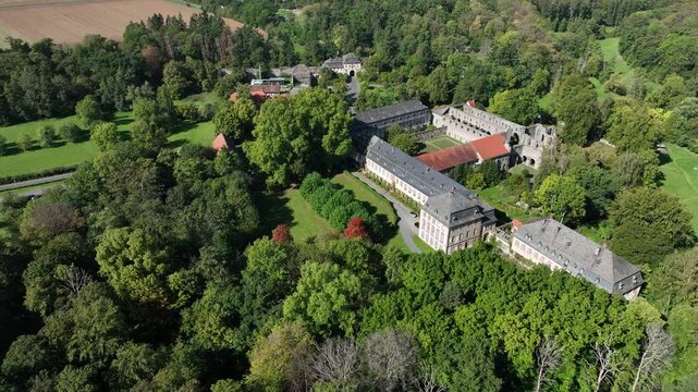 Aerial view, Arnsburg Abbey near Lich, Arnsburg, Hesse, Germany