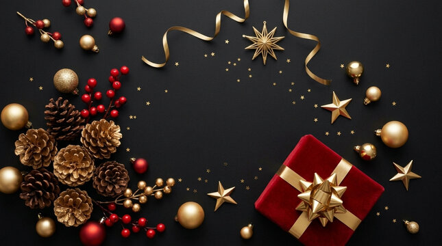 Elegant Christmas flat lay with red gift box gold ornaments pine cones and stars on dark black background with copy space