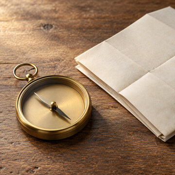 Brass compass beside folded map