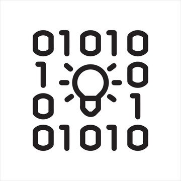 Thin Outline Icon Binary Code and Lightbulb. Such Line Symbol Unexpected Result, AI Technology, Emergent Goals in Code. Vector Isolated Custom Pictogram White Background Editable Stroke.