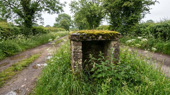 Empty Stone Milk Churn Stand on a Country Lane as a Rural Decline Metaphor