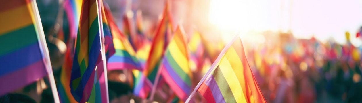 LGBTQ pride celebration with many rainbow flags at a public gathering during sunset