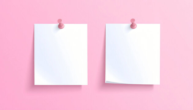 Two blank white paper notes pinned on a pastel pink wall for copy space. Blank white sticky notes pinned on a pink background with pushpins, memo paper template.