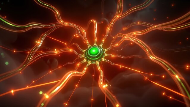Abstract glowing orb radiates energy. Fiery lines extend outward, creating dynamic visual effect. Dark background emphasizes bright colors.