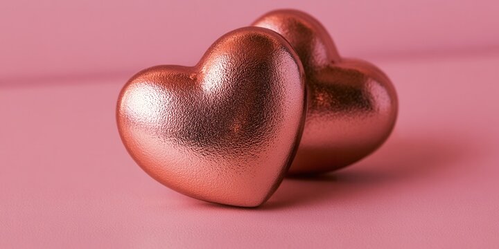 Two rose gold heart shapes placed on a pink surface
