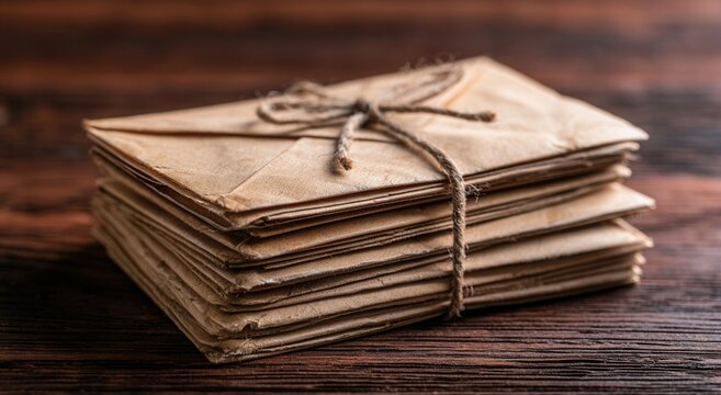Old letters stacked together on a wooden table with a twine string holding them in place