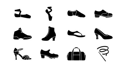 Fototapeta premium Diverse Footwear Collection Vector Icons: Dance Shoes, Sneakers, Heels, Boots, Sport Bag