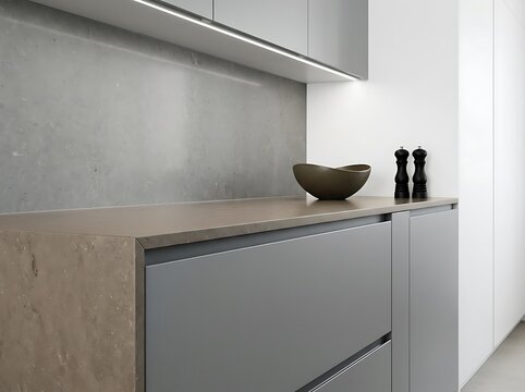 Close up of kitchen countertop with grey cabinets and decorative black bowls