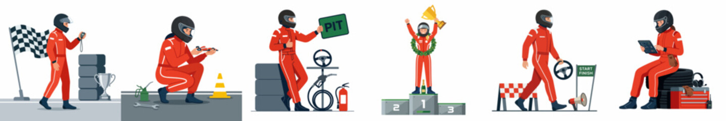 Obraz premium Illustrations of a professional race car driver in a red suit and helmet in various poses, including on the podium and in the pit.
