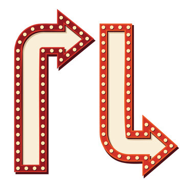 Retro marquee arrows with glowing light bulbs for vintage signage and direction concepts