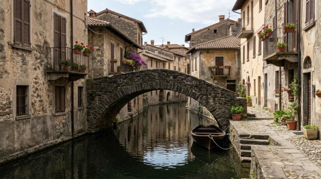 Stone Bridge Over Narrow Canal in Historic European Village with Boat