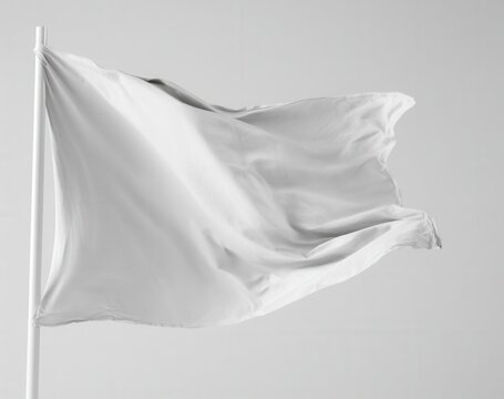 White flag waving on a flagpole in a plain background