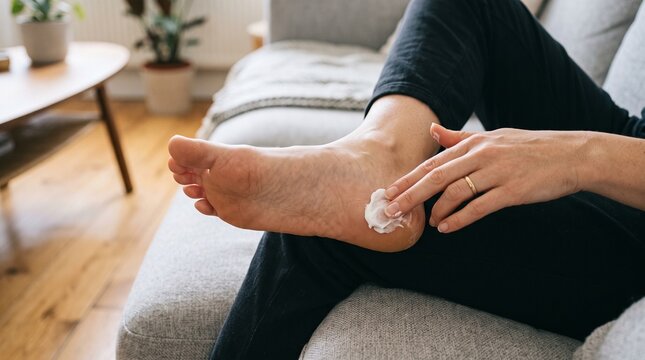A person applying moisturizing cream to their dry heel while relaxing on a sofa at home.