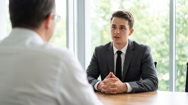 Young man in a suit being interviewed by an older man in a professional office setting.
