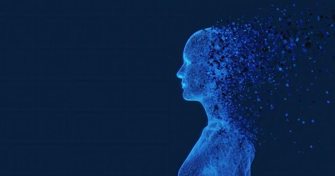 Digital representation of a face disintegrating into particles on a dark blue background