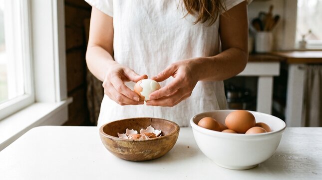 A person in a white apron peeling a hard-boiled egg over a wooden bowl of eggshells, with a white bowl of whole eggs on a white kitchen counter.