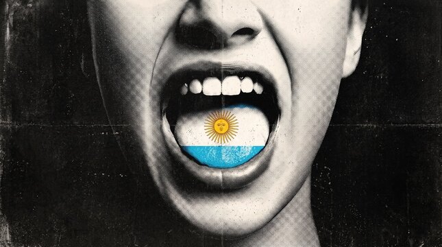 Close-up of a person's mouth wide open, screaming with the Argentine flag on the tongue, in a distressed black and white style.