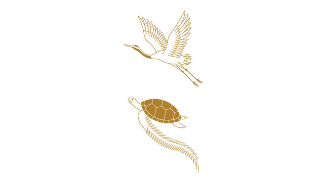 Gold line of a flying crane and a swimming turtle on white background
