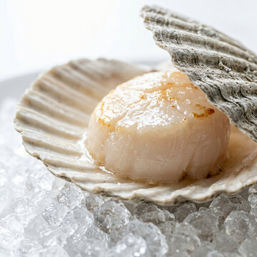 Fresh raw scallop served in its shell on a bed of crushed ice.