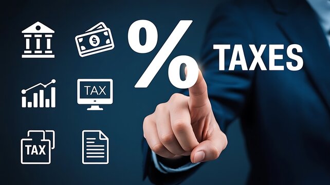 Businessman touching percentage icon and taxes text with financial and government symbols