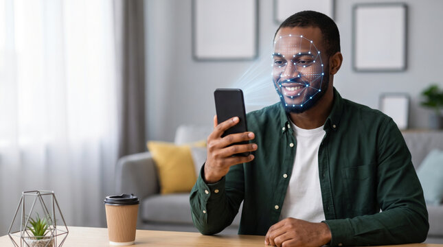 Biometric face scanner confirms identity for smiling man. Facial recognition identification system. cyber security privacy protection safety, person access verification