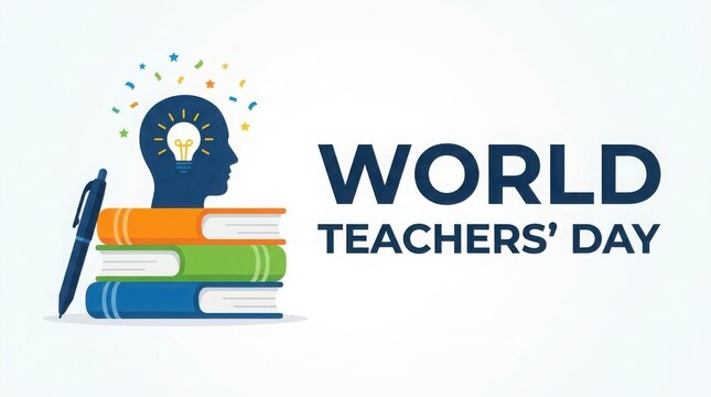 World teachers day celebration concept with books, pen, and lightbulb head icon isolated on white background