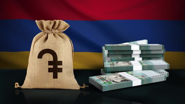 Armenian Dram Banknote Bundles Falling onto a Surface with Armenian National Flag Background, 3D Money Animation in Slow Motion for Currency, Banking and Financial Business Concepts