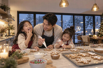 Obraz premium Asian father decorating christmas cookies with icing with two laughing daughters at kitchen table at evening
