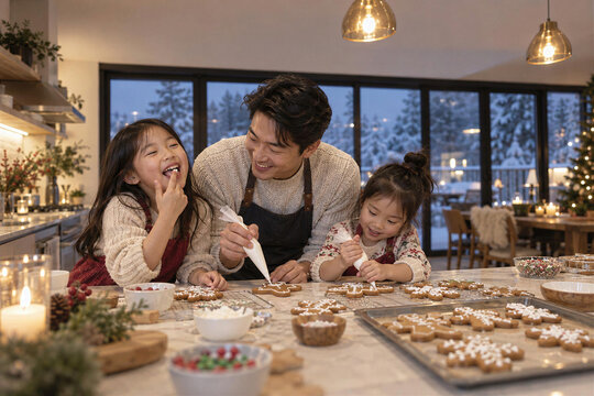 Asian father decorating christmas cookies with icing with two laughing daughters at kitchen table at evening