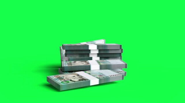 Armenian 20k Dram Banknote Bundles Falling and Forming Stacks on Green Background in Slow Motion, 3D Money Animation for Finance, Banking and Investment Concepts