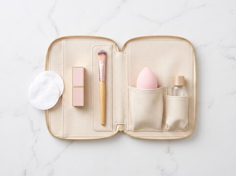Open beige leather cosmetic organizer on a white marble surface containing a makeup brush, lipstick, beauty sponge, and bottle.