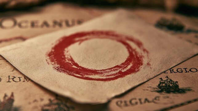 Circle symbol on paper over an old map showing ocean and ships