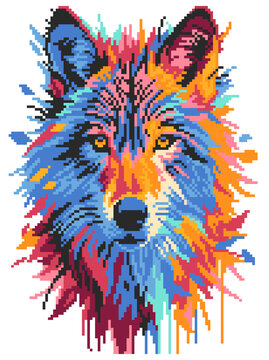Pixel art colorful splash wolf head portrait